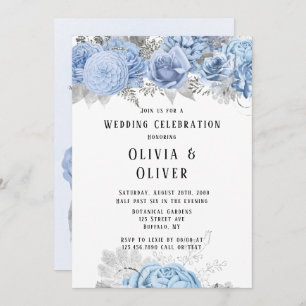 Dusty Blue and Silver Floral Wedding Invitation