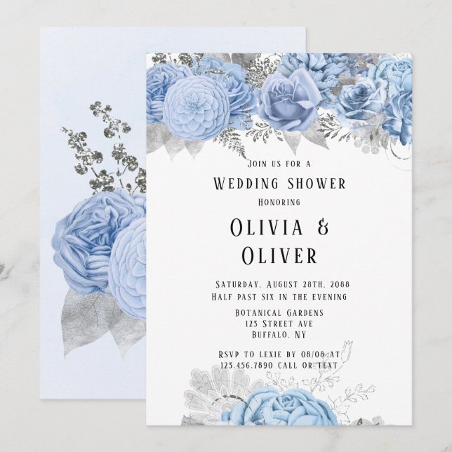 Dusty Blue and Silver Floral Wedding Shower Invita Invitation (Front/Back)