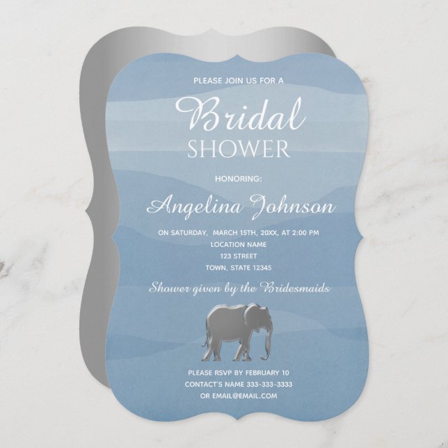 Dusty Blue and Silver Foil Elephant Bridal Shower Invitation (Front/Back)