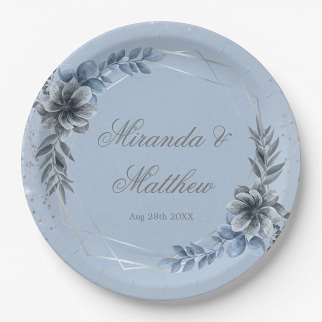 Dusty Blue And Silver Geometric Floral Wedding  Paper Plate (Front)