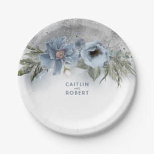 Dusty Blue and Silver Glitter Elegant Modern Paper Plate