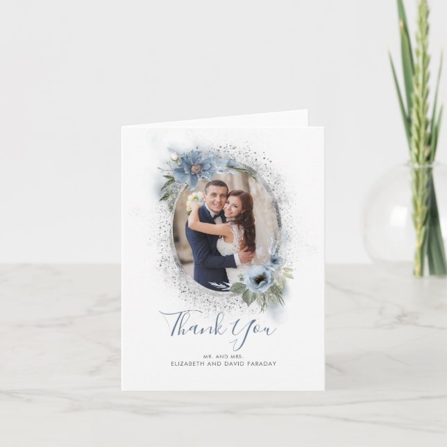 Dusty Blue and Silver Glitter Thank You Photo (Front)