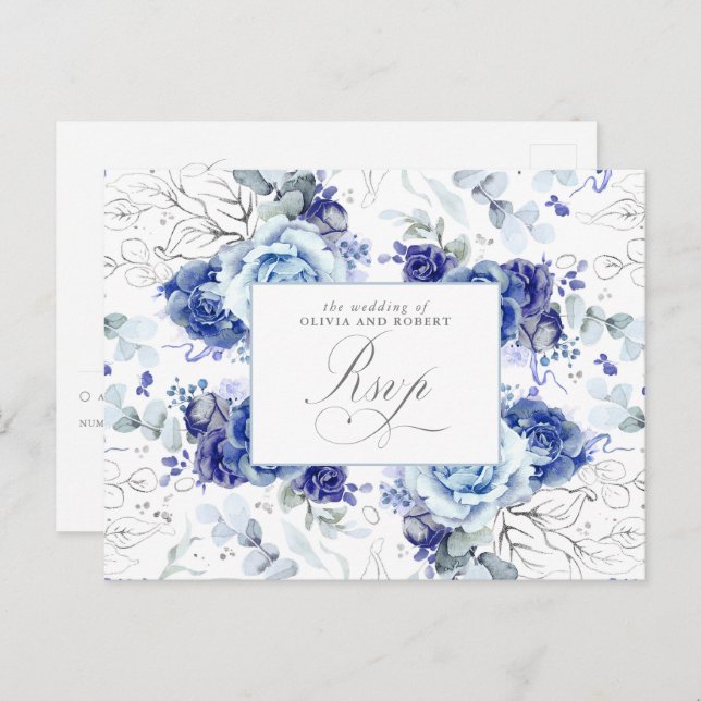 Dusty Blue and Silver Wedding RSVP Postcard (Front/Back)