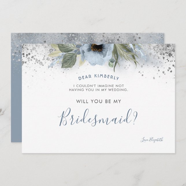Dusty Blue and Silver Will You Be My Bridesmaid Invitation (Front/Back)