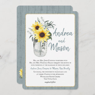 Dusty Blue and Sunflower Jar Rustic Wedding Invitation