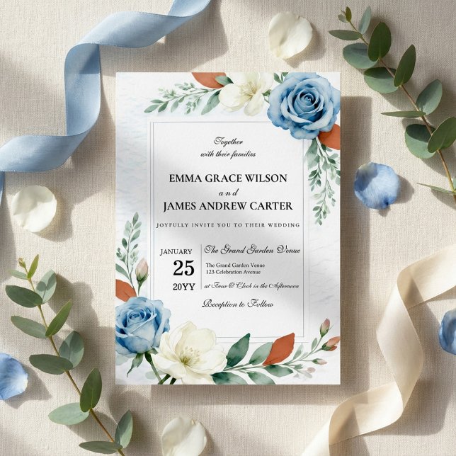Dusty Blue and Terracotta Floral Wedding Invitation (Creator Uploaded)