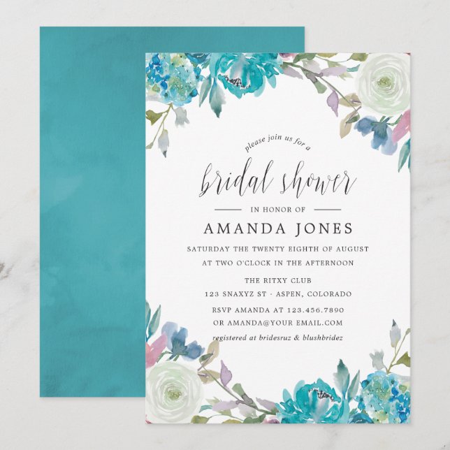 Dusty Blue and Turquoise Floral Bridal Shower Invitation (Front/Back)