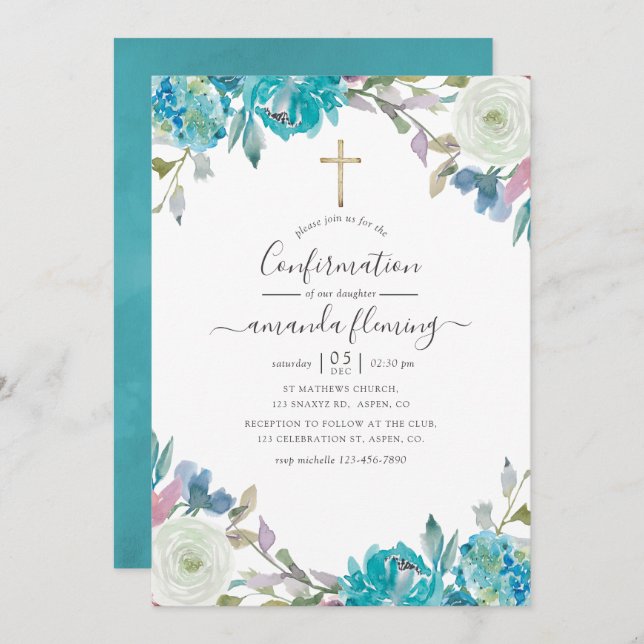 Dusty Blue and Turquoise Floral Confirmation Invitation (Front/Back)