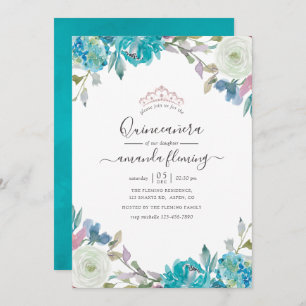 Dusty Blue and Turquoise Floral Quinceañera Invitation