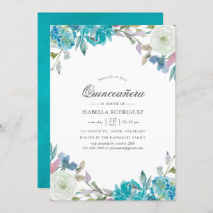 Dusty Blue and Turquoise Floral Quinceañera Invitation
