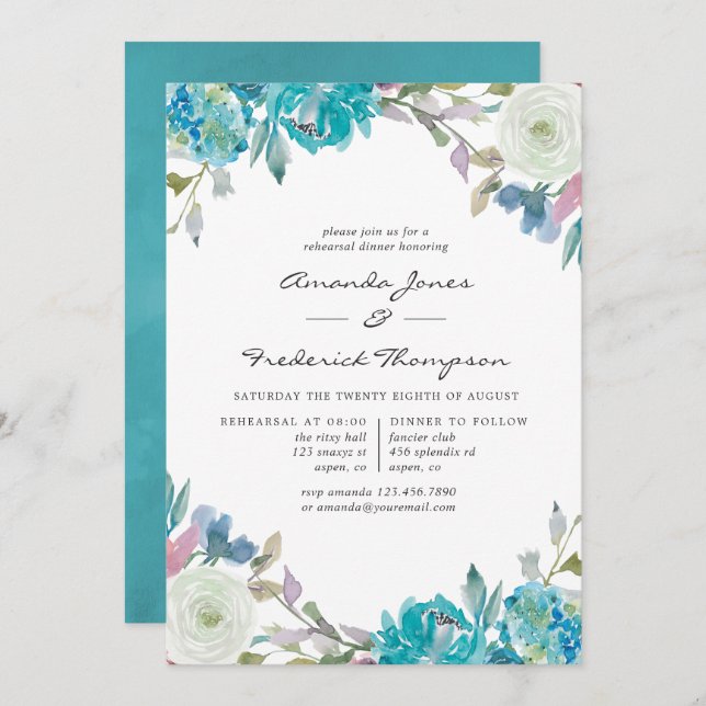 Dusty Blue and Turquoise Floral Rehearsal Dinner Invitation (Front/Back)