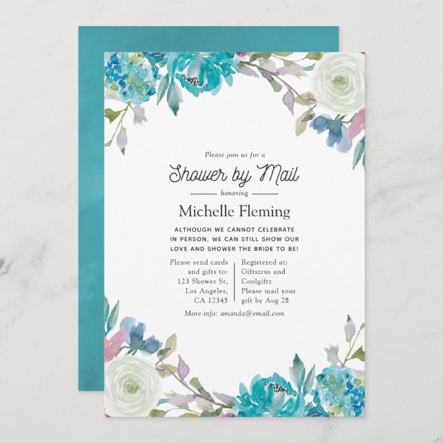 Dusty Blue and Turquoise Floral Shower by Mail Invitation (Front/Back)