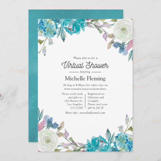 Dusty Blue and Turquoise Floral Virtual Shower Invitation (Front/Back)