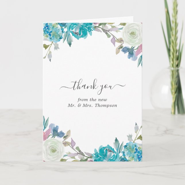 Dusty Blue and Turquoise Floral Wedding Photo Thank You Card (Front)