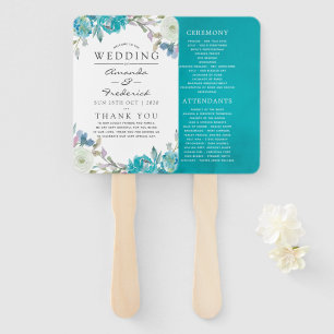 Dusty Blue and Turquoise Floral Wedding Program Hand Fan