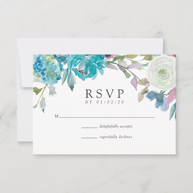 Dusty Blue and Turquoise Floral Wedding RSVP (Front)