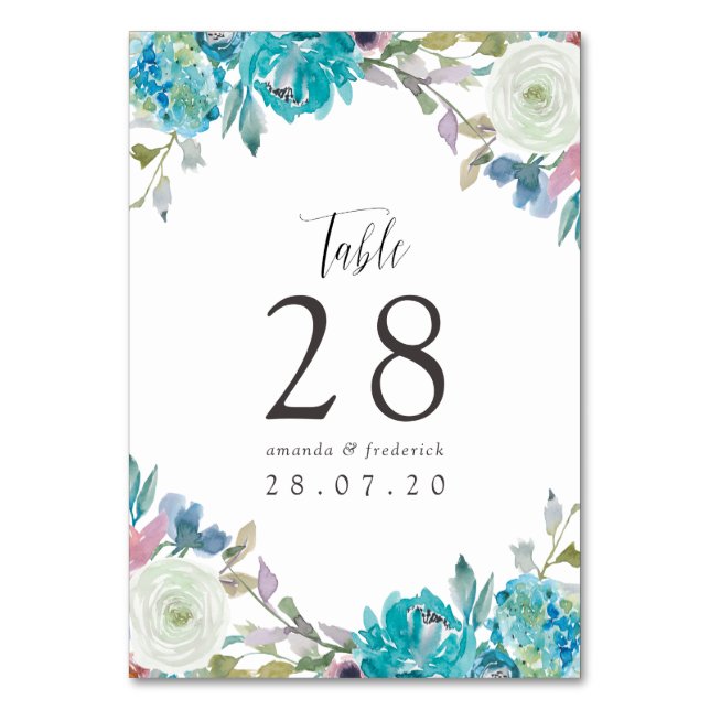 Dusty Blue and Turquoise Floral Wedding Table Number (Front)