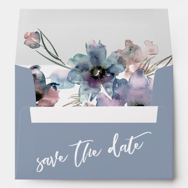 Dusty Blue and Watercolor Flowers Save the Date Envelope (Back (Bottom))