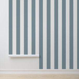 Dusty Blue and White Bold Vertical Stripes Wallpaper