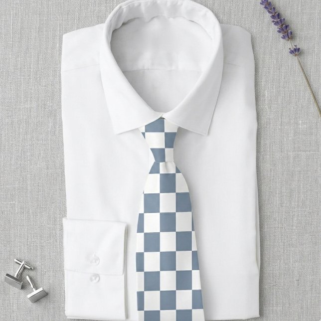 Dusty Blue and White Checkerboard Wedding Tie (Dusty blue and white checkerboard geometric pattern tie for your wedding.)