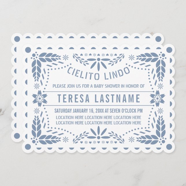 Dusty blue and white cielito lindo baby boy shower invitation (Front/Back)