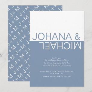 Dusty blue and white colorblock whimsical wedding invitation