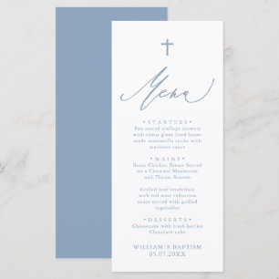 Dusty Blue and White Cross Boy Baptism Menu Card