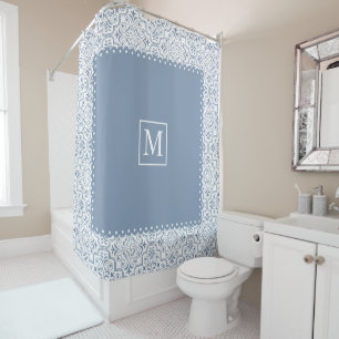 Dusty blue and white damask pattern and monogram shower curtain