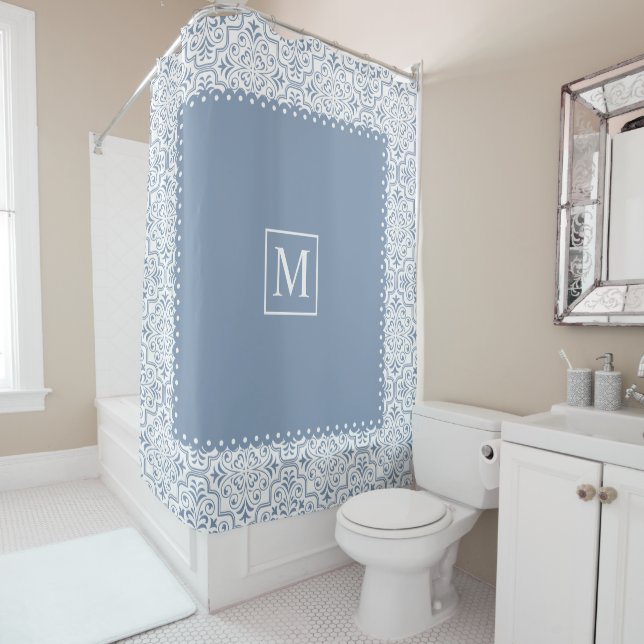 Dusty blue and white damask pattern and monogram shower curtain (In Situ)
