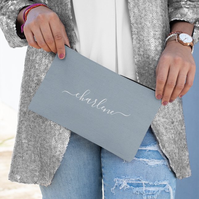 Dusty Blue and White Elegant Name Accessory Pouch (Dusty Blue and White Elegant Name Accessory Pouch)