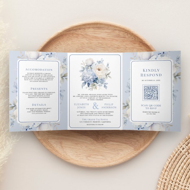 Dusty Blue and White Floral All in One Wedding Tri-Fold Invitation (Creator Uploaded)
