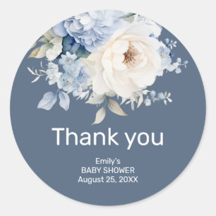 Dusty blue and white floral baby shower card classic round sticker