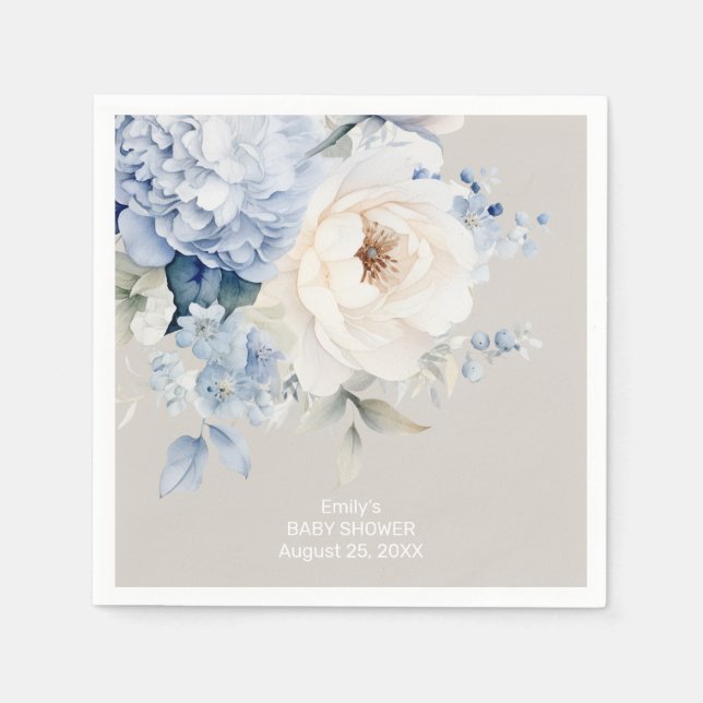 Dusty blue and white floral baby shower card napkin (Front)