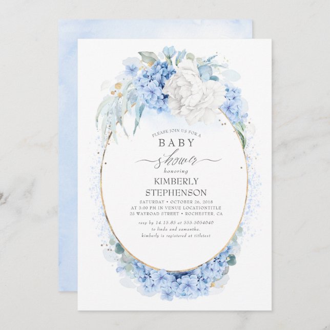 Dusty Blue and White Floral Baby Shower Invitation (Front/Back)