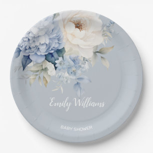 Dusty blue and white floral baby shower invitation paper plate