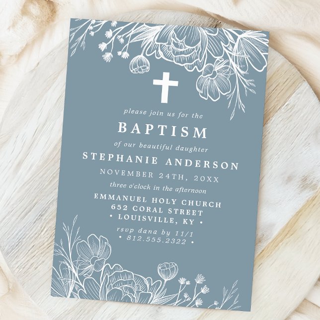 Dusty Blue and White Floral Baptism Invitation (Creator Uploaded)
