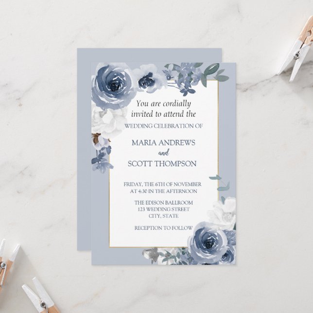 Dusty Blue And White Floral Gold Botanical Wedding Invitation (Front/Back In Situ)