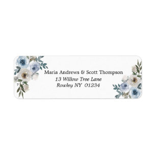 Dusty Blue and White Floral Gold Return Address Return Address Label
