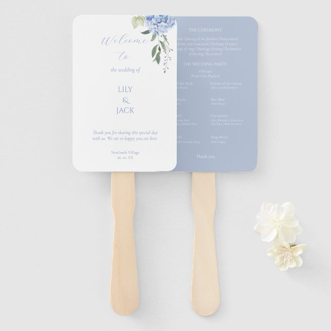 Dusty Blue and White Floral Hydrangea Set of Fans (Front and Back)
