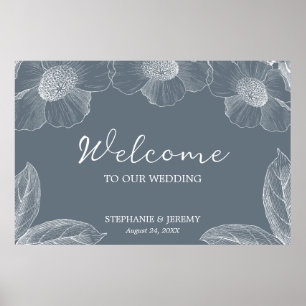 Dusty Blue and White Floral Line Art  Poster