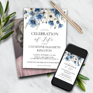 Dusty Blue and White Floral Memorial Invitation