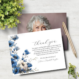 Dusty Blue and White Floral Photo Memorial Thank You Card
