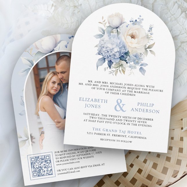 Dusty Blue and White Floral QR Code Photo Wedding Invitation (Creator Uploaded)