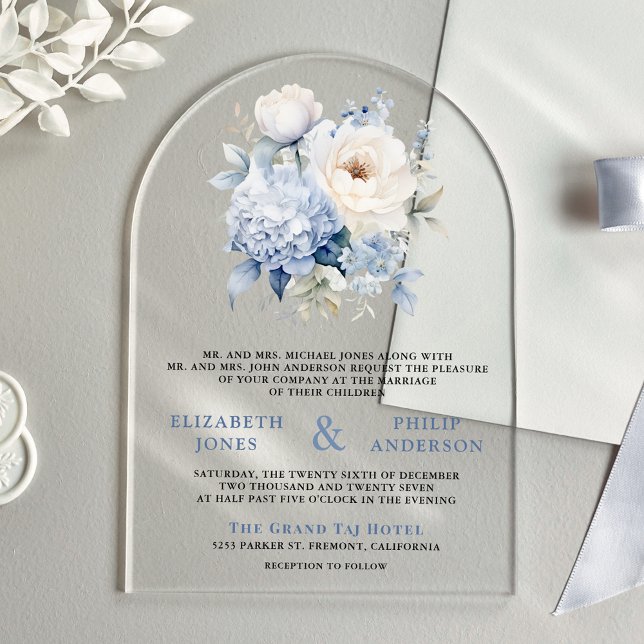Dusty Blue and White Floral Wedding Acrylic Invitations (Creator Uploaded)