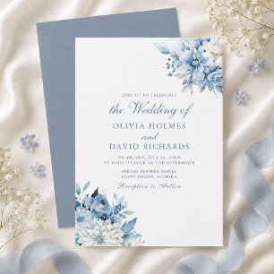 Dusty Blue and White Floral Wedding Invitation