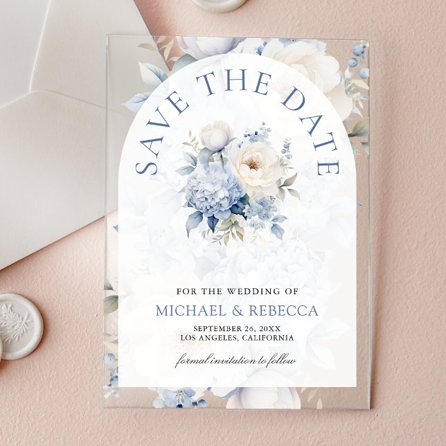 Dusty Blue and White Floral Wedding Save the Date Acrylic Invitations (Creator Uploaded)