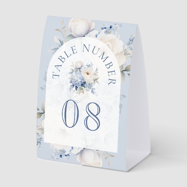 Dusty Blue and White Floral Wedding Table Number (Front)