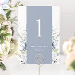 Dusty Blue and White Floral Wedding Table Number<br><div class="desc">Help your guests find their table with this elegant modern table number personalised with your name(s) and event. Table number in white over elongated dusty blue stripe framed by exquisite watercolor greenery and white and blue flowers. Double sided table number cards in case you like to use it in clear...</div>
