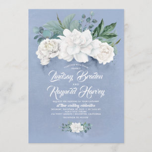Dusty Blue and White Flowers Elegant Peony Wedding Invitation