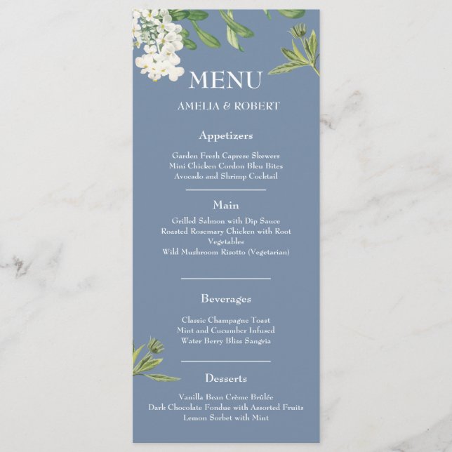 Dusty blue and white flowers Wedding Menu (Front)
